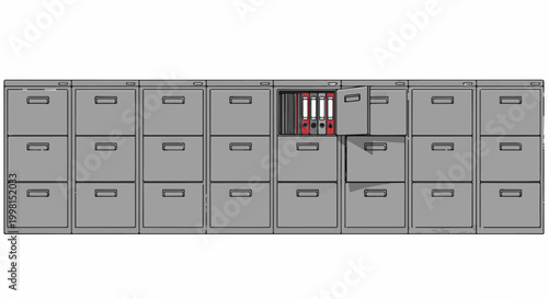 Gray filing cabinet with drawers, one open revealing binders