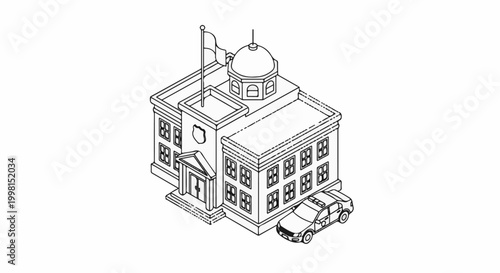 Isometric line art of a police station with a patrol car outside