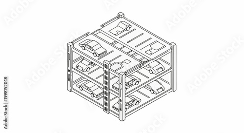 Isometric line art of a multi-level automated car parking system with several vehicles
