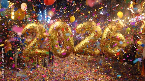 Golden numbers a??2026a?? shimmer and shine amid a flurry of vibrant confetti and colorful lights, marking the joyous arrival of the New Year in an unforgettable celebration.