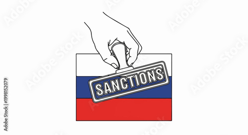 Hand pressing "SANCTIONS" stamp onto Russian flag