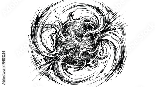 Abstract black ink drawing of swirling chaotic energy orb with dynamic tendrils and explosive motion