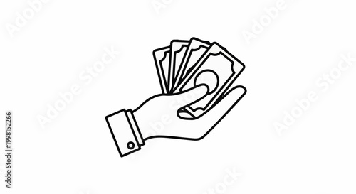 Hand holding a fan of banknotes, simple line art