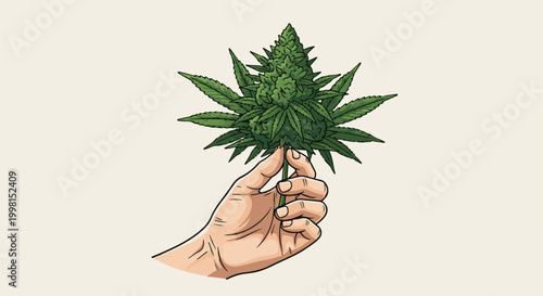 Hand holding a green cannabis plant with leaves and bud