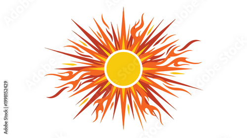 Vibrant fiery sun icon with blazing orange flames and radiant yellow center in flat vector style