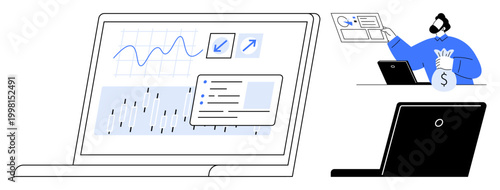 Data analysis, finance management, online business, investment planning, digital marketing, analytics tools. Graphs and charts on a laptop screen with a person managing finances. Data analysis