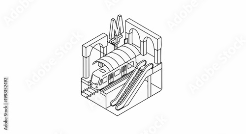 Isometric view of a stylized subway station with a train and escalator