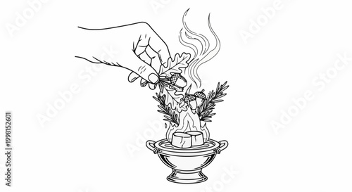 Hand adds acorns and leaves to a smoking, fiery cauldron with cubes