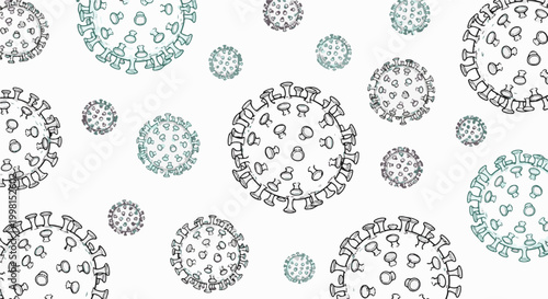 Hand drawn virus particles with spiked outer shells, scattered across white background