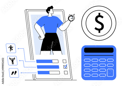 Fitness tracking, budgeting, personal finance, health goals, exercise metrics, financial planning. Smartphone with fitness stats, dollar symbol calculator. Fitness tracking and budgeting concept