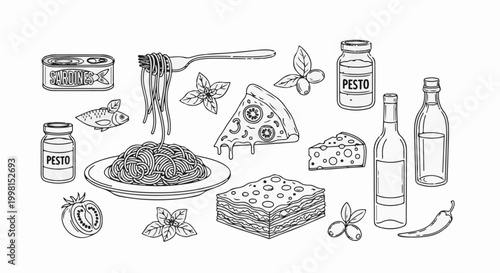 Italian food assortment pasta, pizza, lasagna, cheese, pesto, sardines, olives