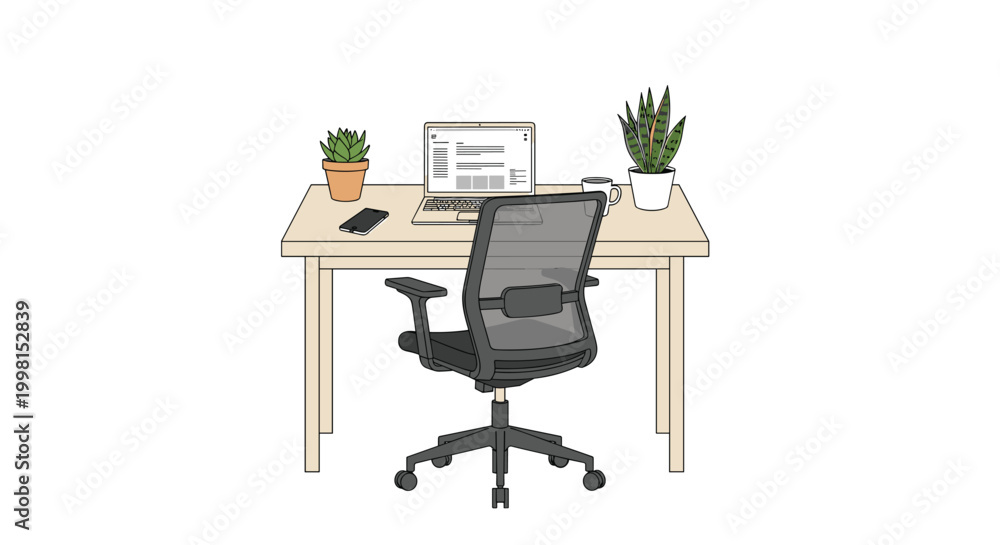 Fototapeta premium A wooden desk holds a laptop, a smartphone, a coffee mug, and a potted plant positioned next to an ergonomic office chair in a quiet room.