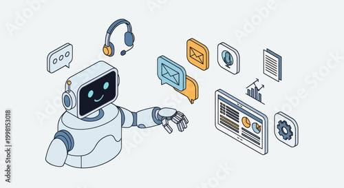 Friendly Robot Assistant Interacting with Digital Interface.