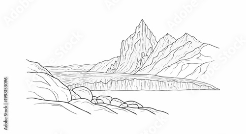 Jagged peaks overlook a frozen landscape with a flowing glacier and rocks