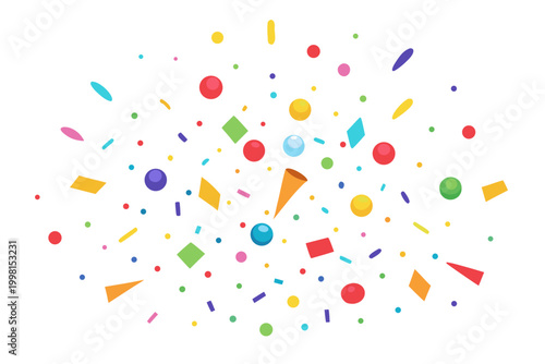 A vibrant vector illustration of colorful confetti and streamers exploding outwards from a party popper for celebrations and events.
