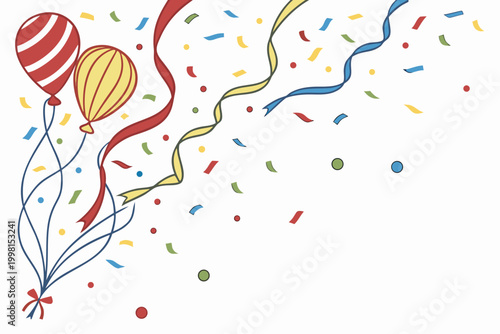 Festive vector illustration of red and yellow balloons with colorful streamers and confetti celebrating a joyous occasion