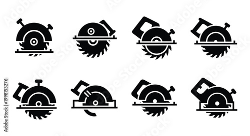 Circular saw icons set black silhouette on white background