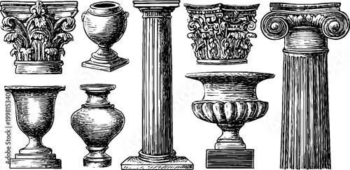 Vintage engraved capitals columns urns and decorative pedestals clipart sheet for classical architecture design background and restoration print