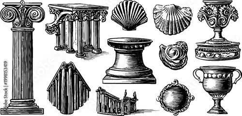 Vintage engraved column capitals shells and decorative vessels clipart sheet for classical design background and label artwork
