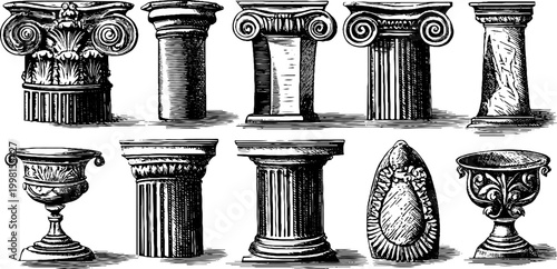 Vintage engraved collection of classical column shafts capitals and ornamental bases clipart sheet for architecture design background and study