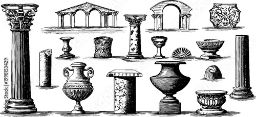 Vintage engraved architectural column and ornament clipart sheet with capitals pedestals and urns for classical design background and restoration poster