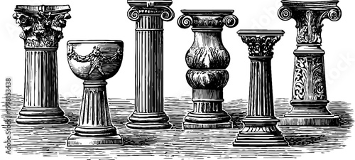Vintage engraved classical columns clipart sheet of ornate capitals balusters and pedestals for restoration and design use