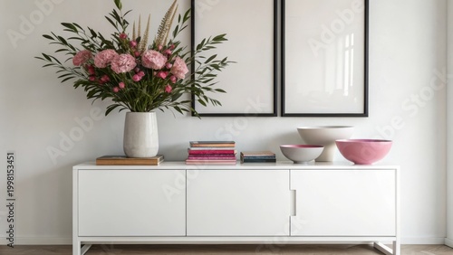 A modern white sideboard adorned with a tall vase of pink flowers and decorative bowls