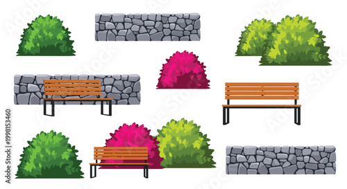 A collection of isolated park elements features rustic stone walls and wooden benches arranged alongside vibrant green and pink ornamental shrubbery.