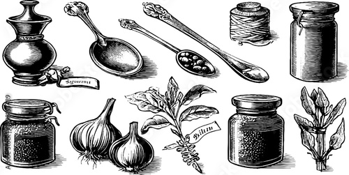 Vintage engraved apothecary spoons jars garlic herb and twine clipart sheet for label and packaging design and rustic kitchen artwork