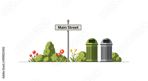 A metal street sign labeled Main Street stands beside two trash cans and vibrant bushes on a flat surface with soft natural light accents.