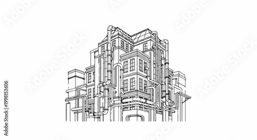Intricate industrial building sketch with elaborate pipework and multi-level windows