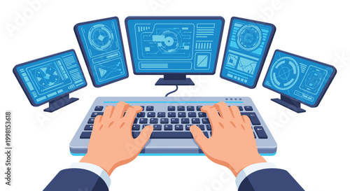 Skilled hands operate a high-tech keyboard while surrounded by multiple glowing monitors showing complex circular data interfaces in a dark room.