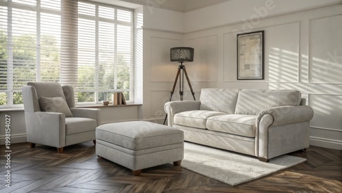 Cozy living room interior featuring a comfortable sofa armchair and ottoman with natural light streaming through blinds