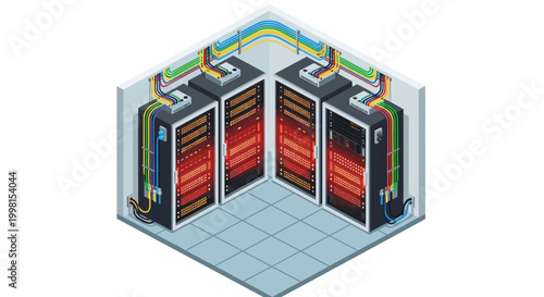 Four server racks with vibrant red glowing lights and organized multi-colored cables are positioned in a corner of a clean isometric server room.