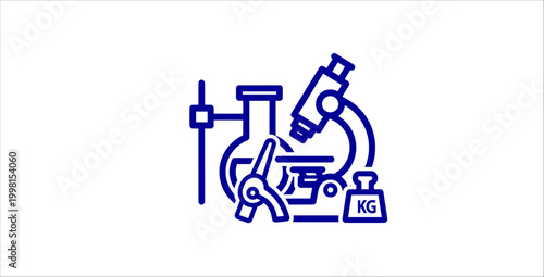 Laboratory science equipment outline icons set design style flat blue line art microscope flask stand gear machine weight measurement experiment research technology chemistry