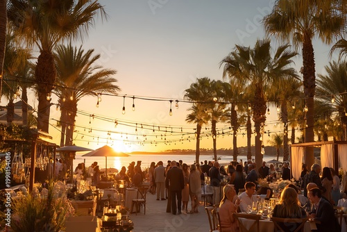 Guests mingle at a beachside party, twinkling lights and swaying palm trees adding to the festive atmosphere as the setting sun paints the sky in warm hues.