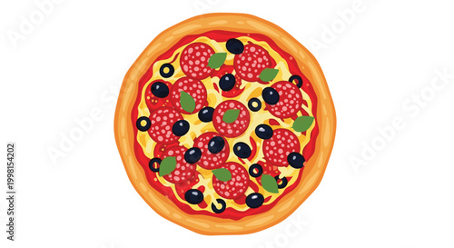 A savory pepperoni pizza with dark black olives rests on a light wooden background, highlighting the golden circular crust edge and melted cheese.