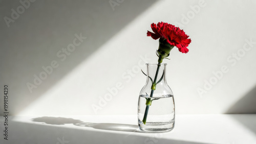 Red carnation flower stem in glass vase on white surface with soft shadow and minimalist lighting
