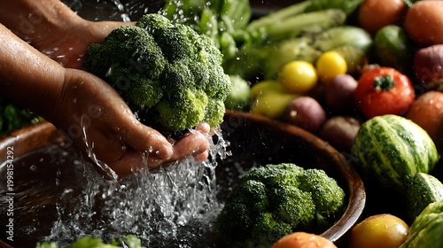 Hands wash fresh broccoli under running water, surrounded by an array of colorful vegetables, emphasizing the importance of cleanliness and healthy eating habits.