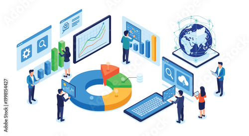 Dedicated team members collaborate on complex financial projections using floating bar graphs and a central pie chart in a bright white workspace.