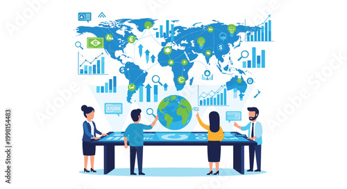 A diverse professional team analyzes complex global data trends on a large interactive digital table within a bright modern corporate workspace.