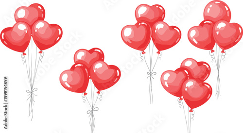 Red Heart Balloon Bouquet Vector Set with Romantic Love Helium Balloons for Valentine Celebration, Wedding Decoration, Party Design, and Festive Greeting Graphics