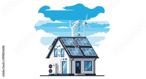 A modern eco-friendly house features rooftop solar panels and a wind turbine undergoing maintenance in a bright flat vector illustration design.