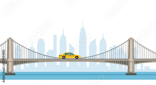 A bright yellow taxi car traverses a grand suspension bridge with a soft, faded city skyline silhouette resting in the distant background.