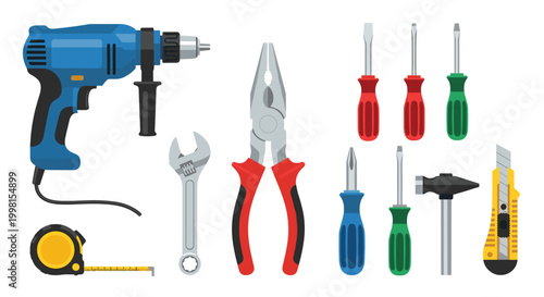 A powerful blue electric drill sits alongside an assortment of colorful screwdrivers and a metallic wrench on a stark white studio backdrop.