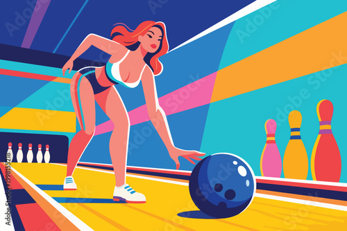 Vector Woman Playing Bowling Ball Sport Illustration Creative Design Template 