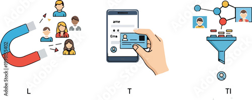 Digital marketing lead generation vector icons, customer acquisition magnet and sales funnel, mobile identity verification and user data collection