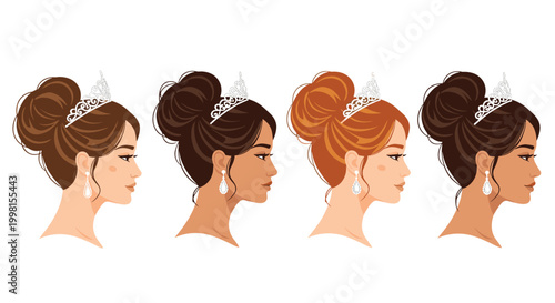 Four elegant female profiles with diverse hair colors wear identical diamond tiaras and sparkling earrings in a clean and minimalist white setting.