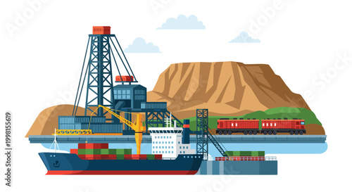 Industrial maritime port facility with a massive drilling rig and cargo ship beside a freight train beneath a towering brown mountain backdrop.