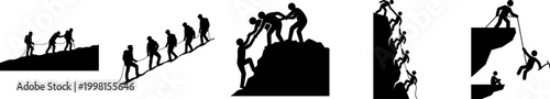 Set of mountain climbing silhouettes representing teamwork and business success. People helping each other to reach the summit, rock climbing team icons on white background.